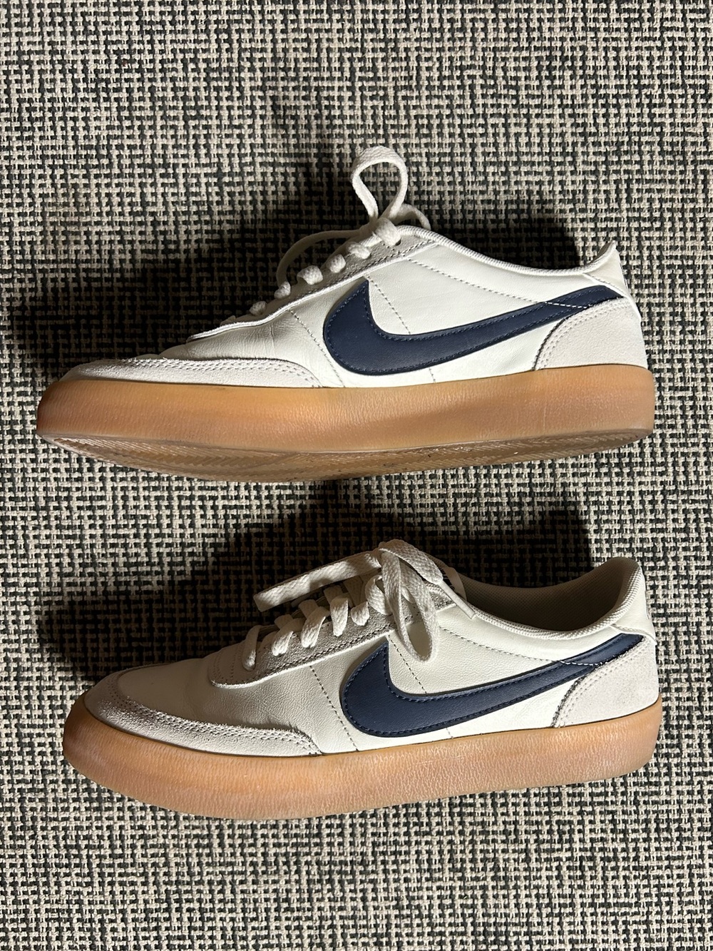 Nike Women's White Leather Sneakers with Navy Swoosh and Gum Sole